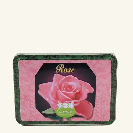 Bonbons anciens aromatisés à la rose – boite décor relief en fer – 150 g – Barnier