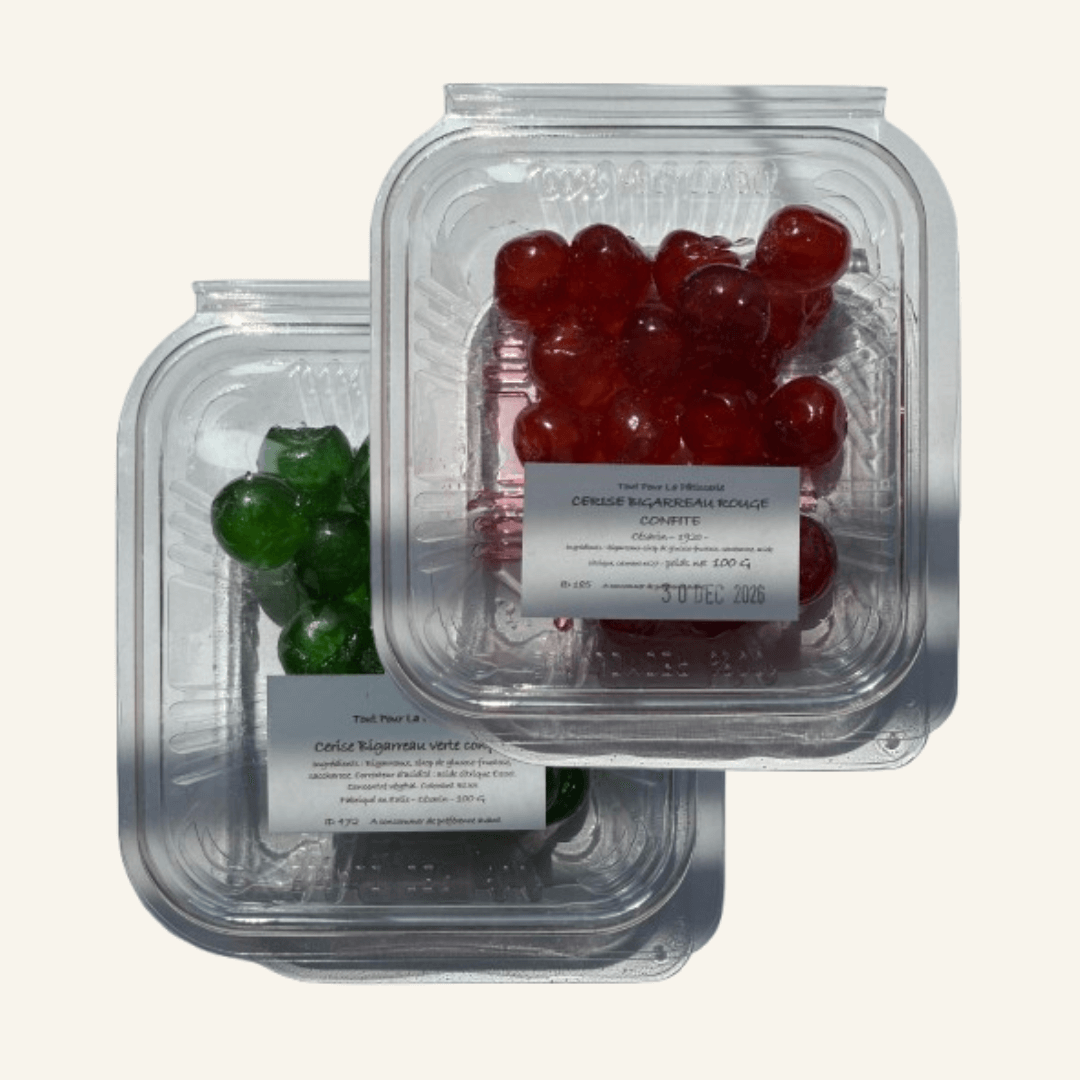 Duo cerises bigarreaux confites rouges et vertes